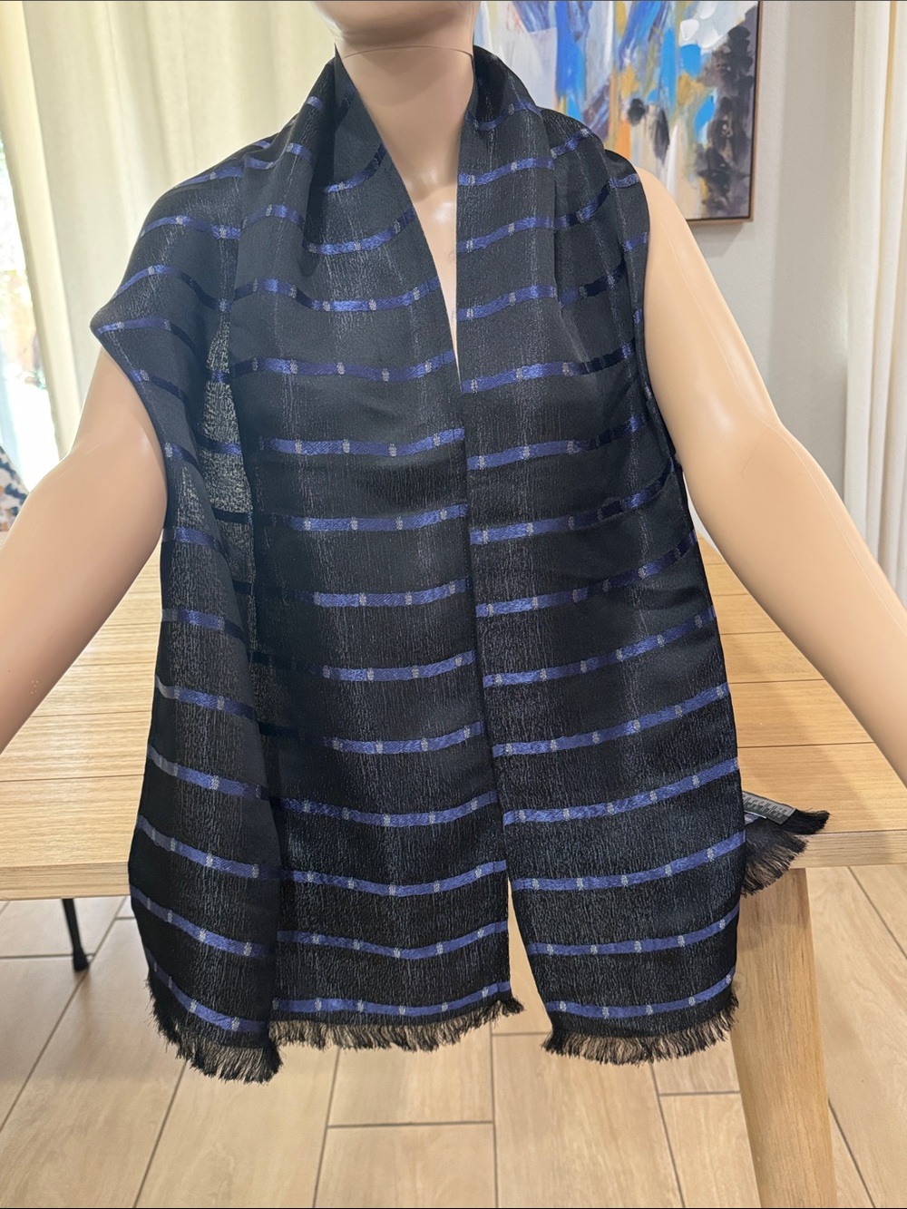 Vintage Migoscha Belgium Black Blue Woven Striped Fringe Scarf 64”